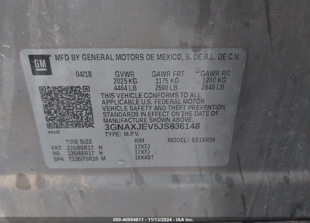 2018 CHEVROLET EQUINOX LT VIN: 3GNAXJEV5JS636148