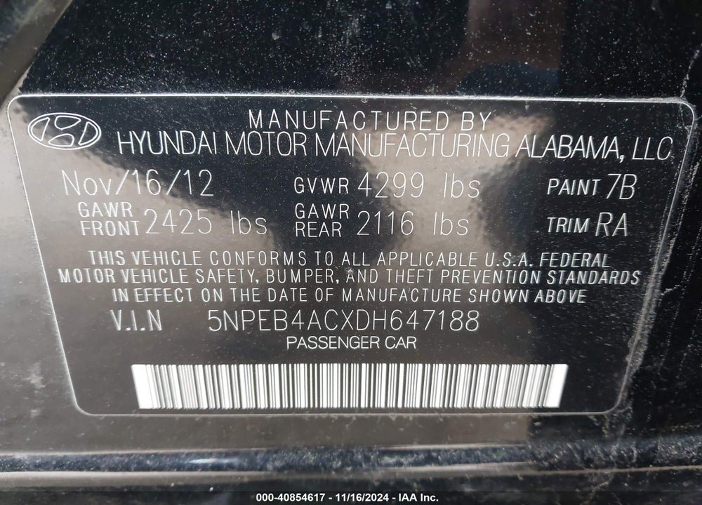 2013 HYUNDAI SONATA GLS VIN: 5NPEB4ACXDH647188