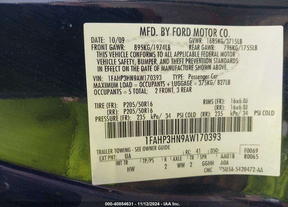 2010 FORD FOCUS SEL VIN: 1FAHP3HN9AW170393