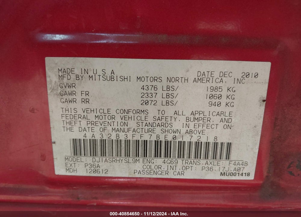2011 MITSUBISHI GALANT ES/SE VIN: 4A32B3FF7BE017218