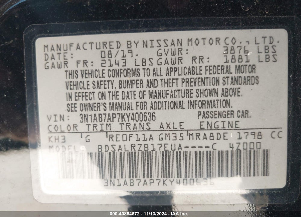 2019 NISSAN SENTRA SR VIN: 3N1AB7AP7KY400636