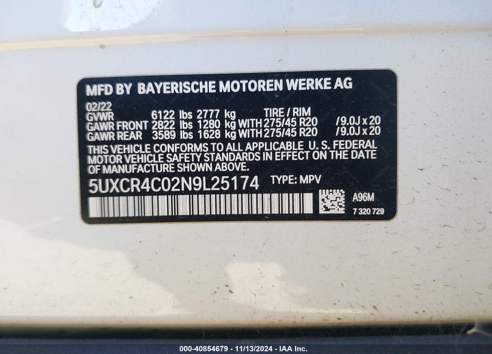 2022 BMW X5 VIN: 5UXCR4C02N9L25174