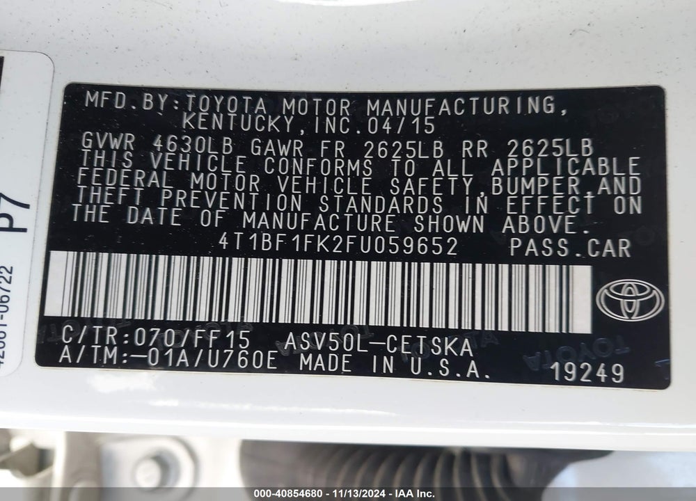 2015 TOYOTA CAMRY SE VIN: 4T1BF1FK2FU059652