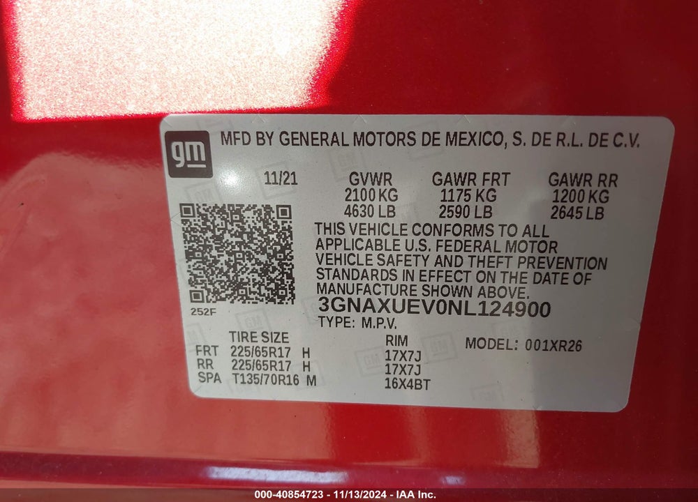 2022 CHEVROLET EQUINOX AWD LT VIN: 3GNAXUEV0NL124900