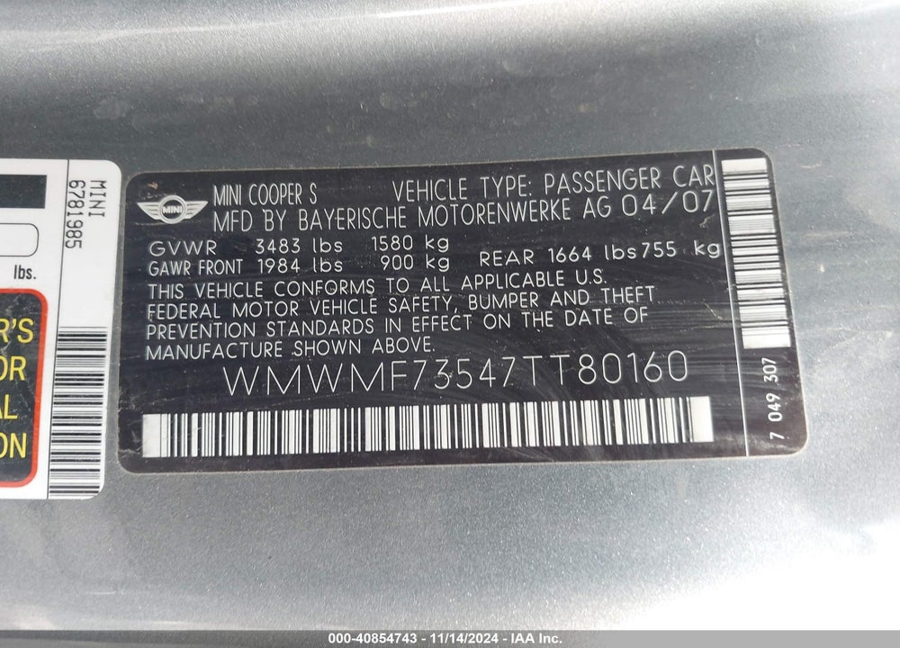 2007 MINI COOPER S VIN: WMWMF73547TT80160