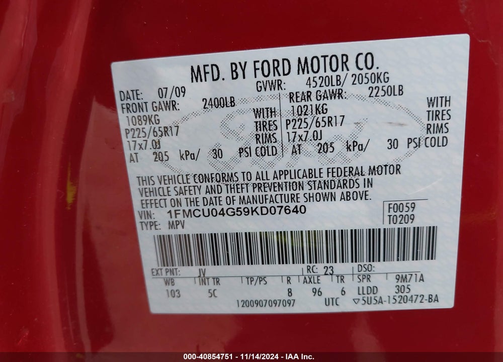 2009 FORD ESCAPE LIMITED VIN: 1FMCU04G59KD07640