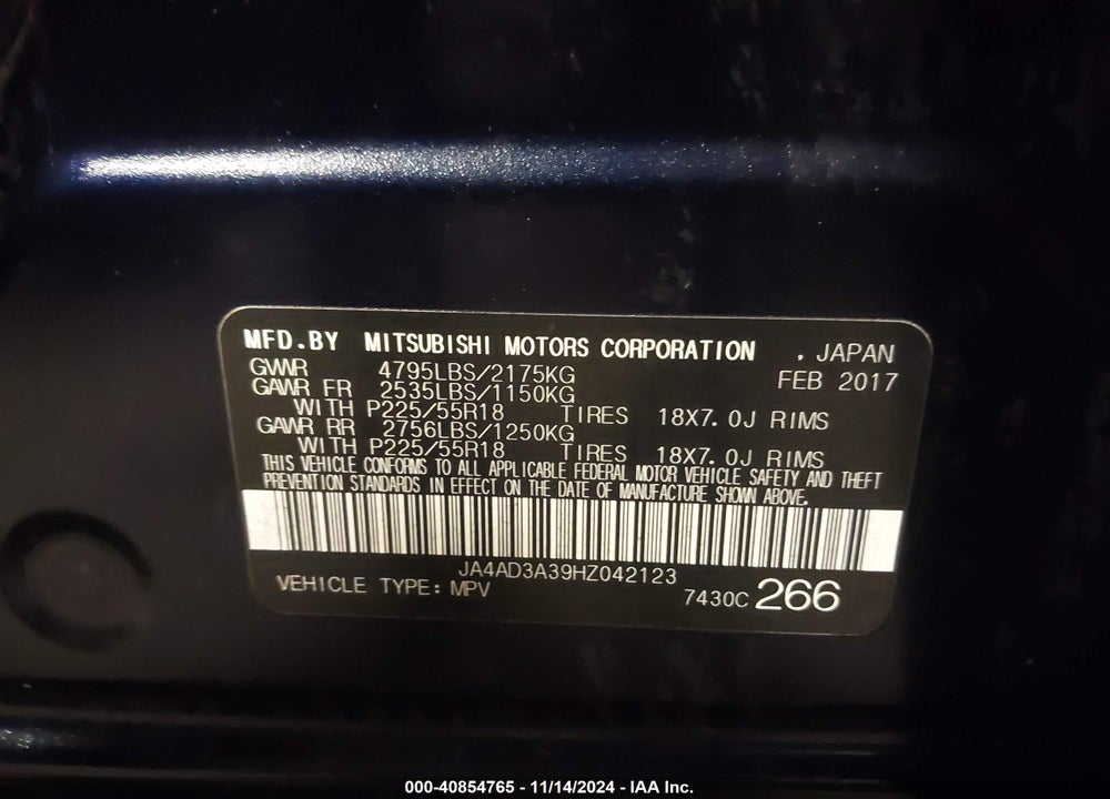2017 MITSUBISHI OUTLANDER SE VIN: JA4AD3A39HZ042123