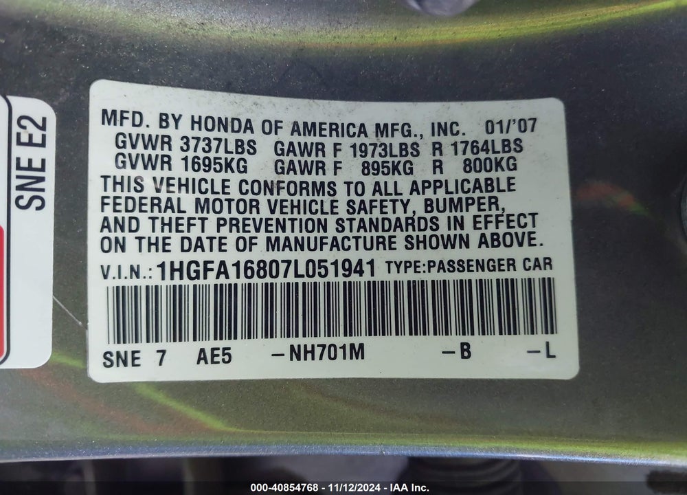 2007 HONDA CIVIC EX VIN: 1HGFA16807L051941