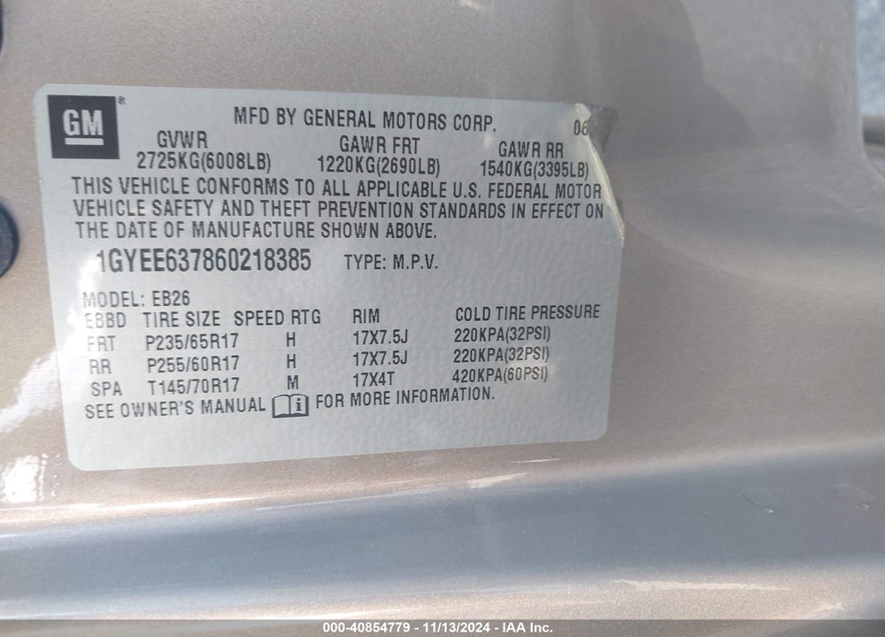 2006 CADILLAC SRX V6 VIN: 1GYEE637860218385