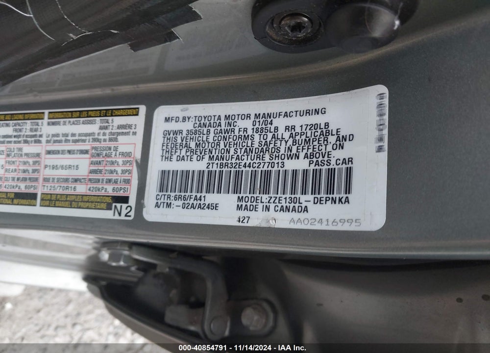 2004 TOYOTA COROLLA LE VIN: 2T1BR32E44C277013