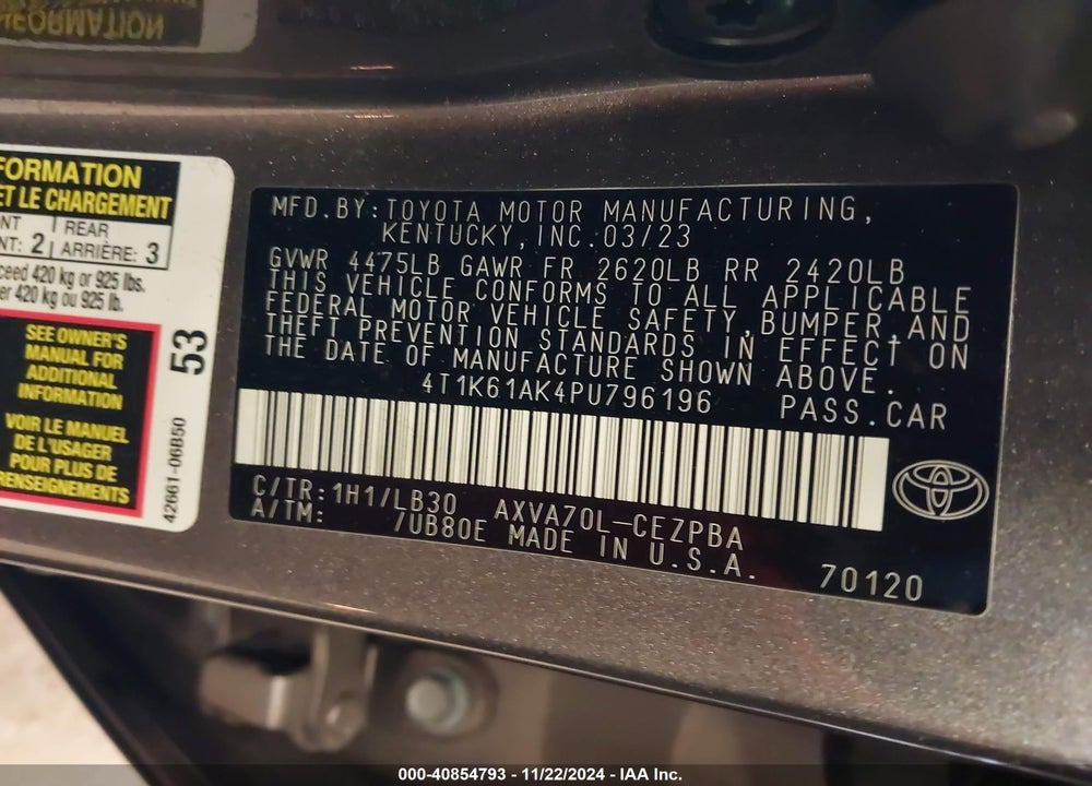 2023 TOYOTA CAMRY XSE VIN: 4T1K61AK4PU796196