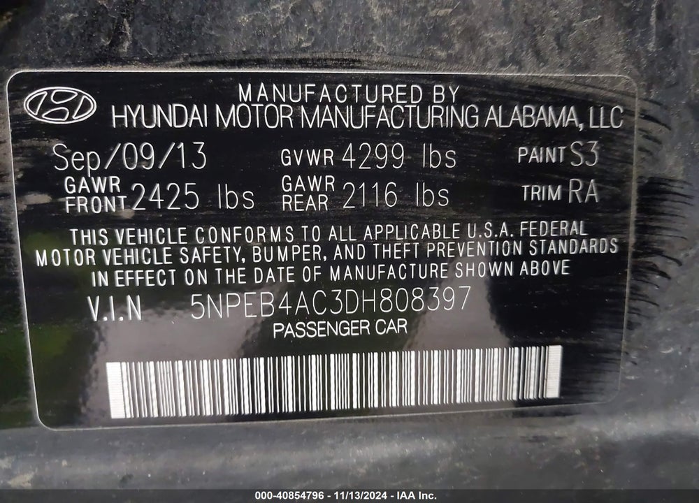 2013 HYUNDAI SONATA GLS VIN: 5NPEB4AC3DH808397