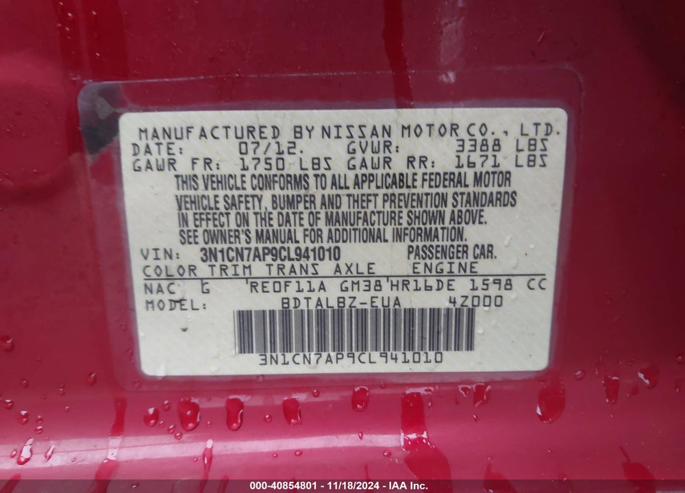 2012 NISSAN VERSA 1.6 SV VIN: 3N1CN7AP9CL941010