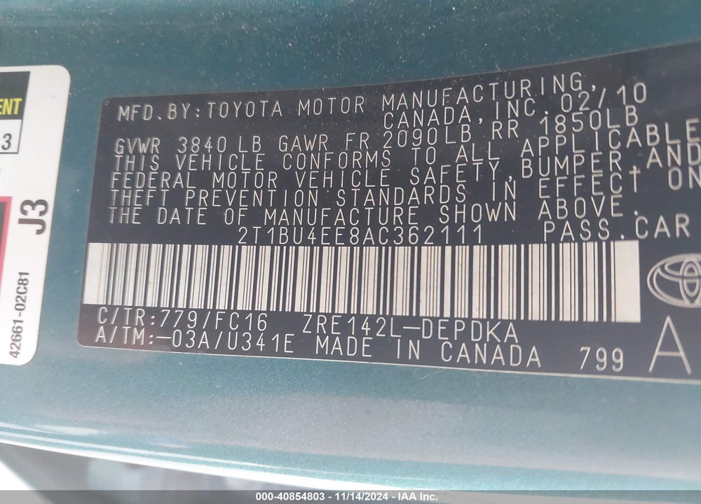 2010 TOYOTA COROLLA LE VIN: 2T1BU4EE8AC362111