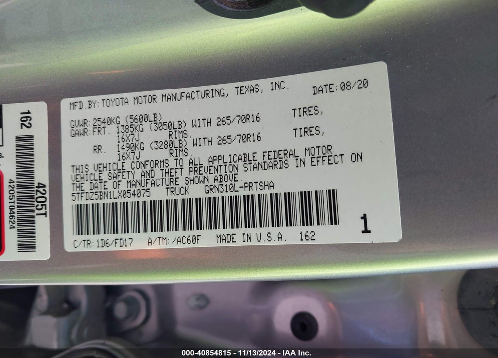 2020 TOYOTA TACOMA TRD OFF ROAD VIN: 5TFDZ5BN1LX054075