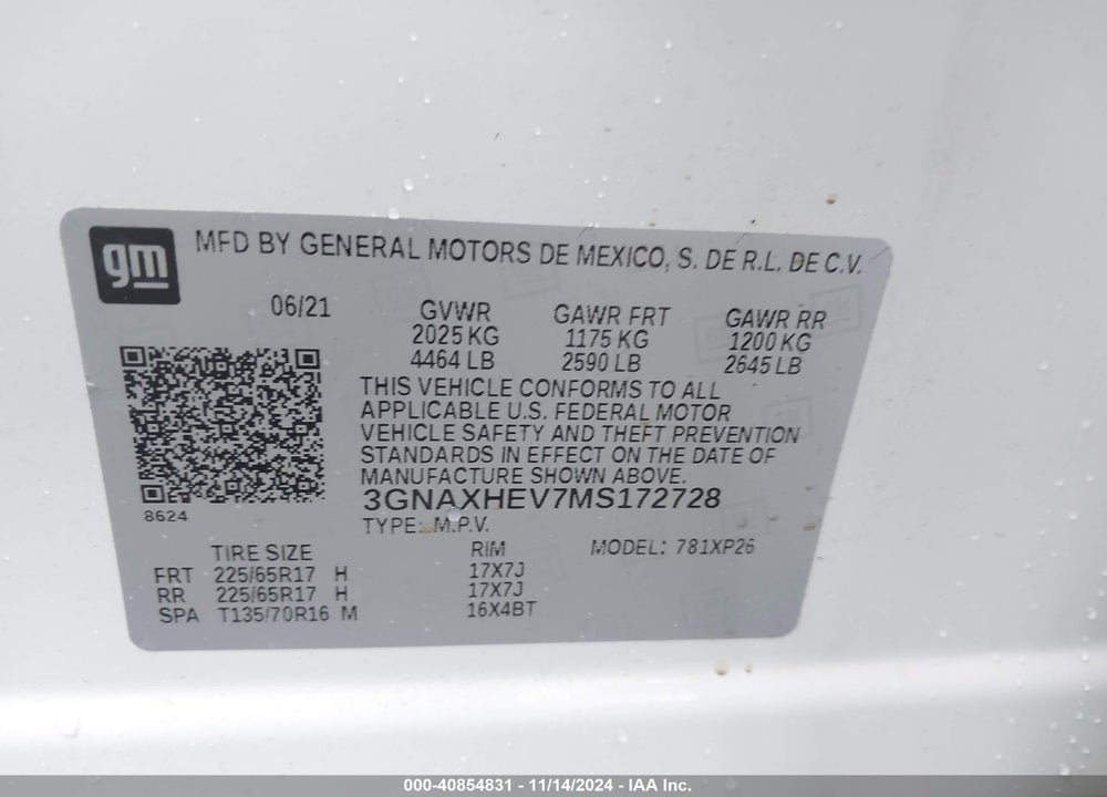 2021 CHEVROLET EQUINOX FWD LS VIN: 3GNAXHEV7MS172728