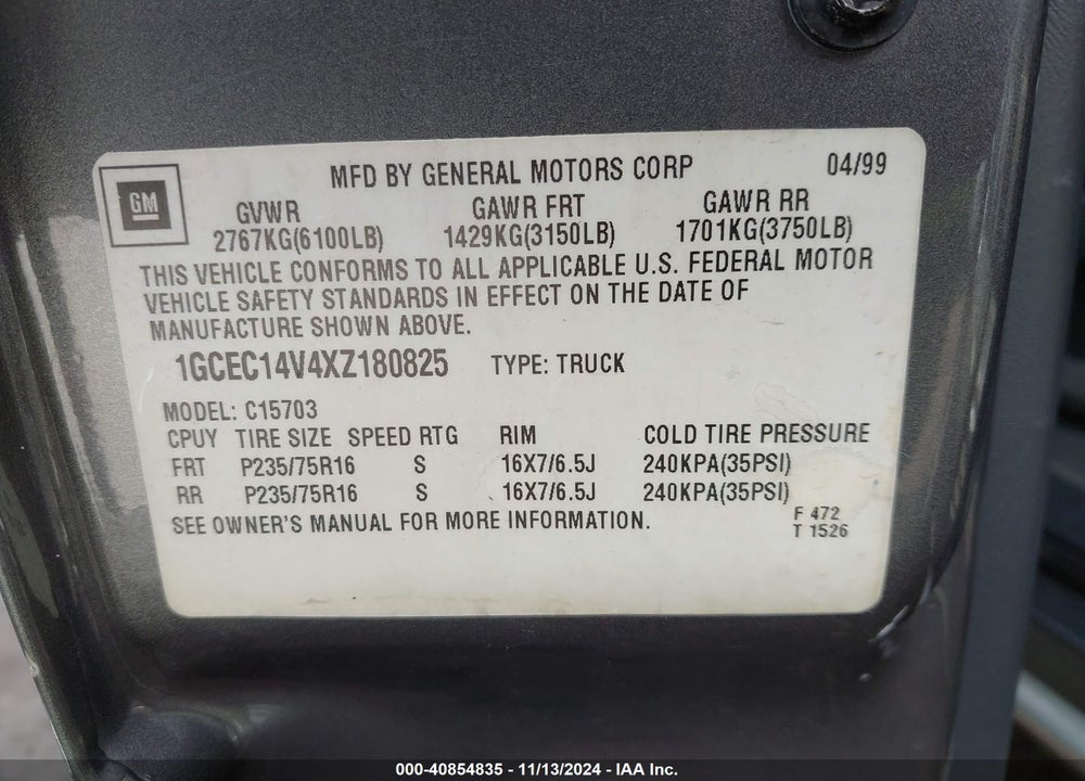 1999 CHEVROLET SILVERADO 1500 LS VIN: 1GCEC14V4XZ180825