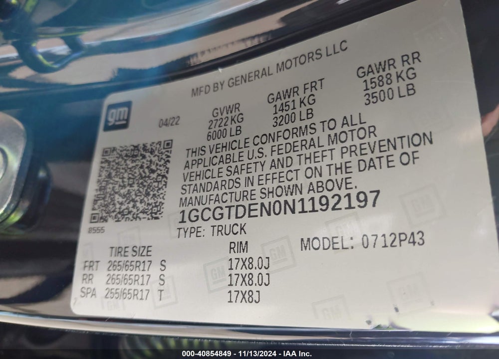 2022 CHEVROLET COLORADO 4WD SHORT BOX Z71 VIN: 1GCGTDEN0N1192197