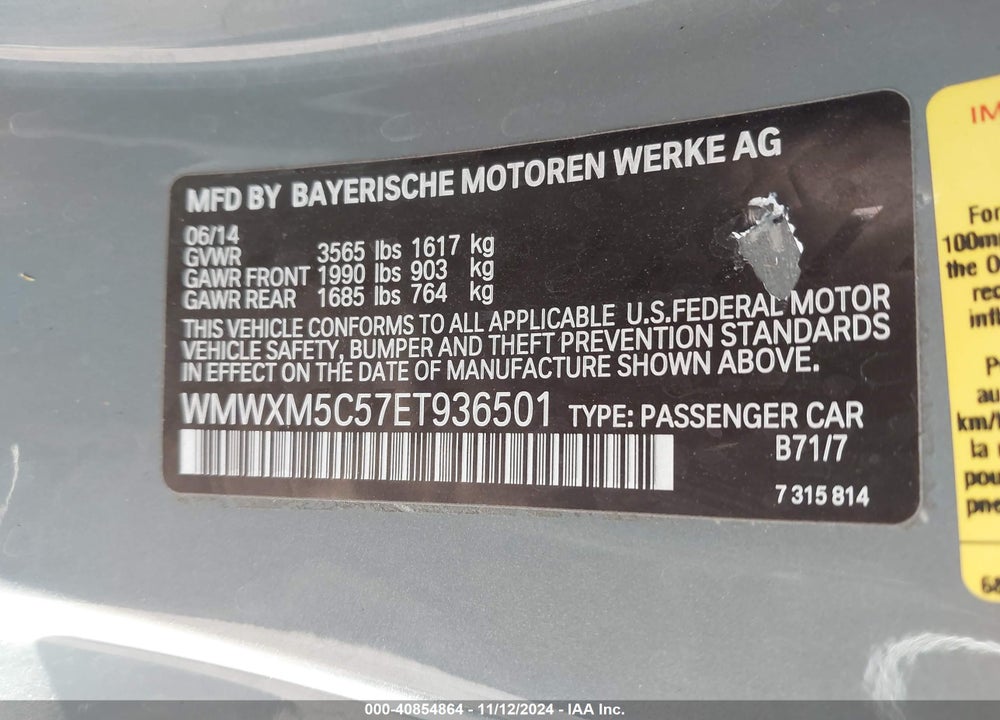 2014 MINI HARDTOP COOPER VIN: WMWXM5C57ET936501