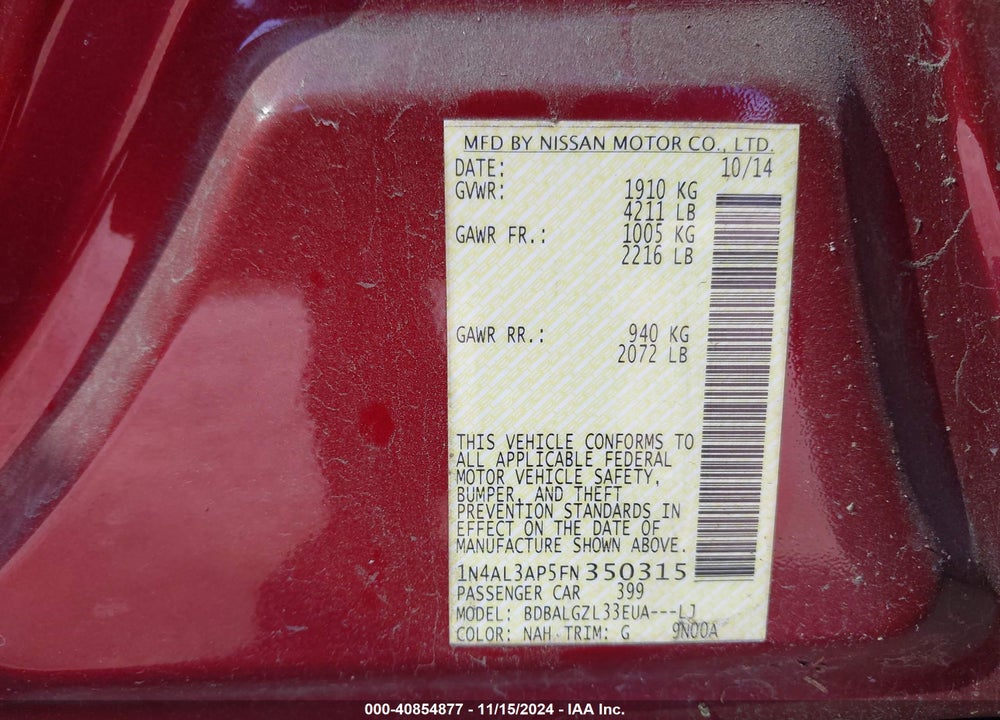 2015 NISSAN ALTIMA 2.5 S VIN: 1N4AL3AP5FN350315