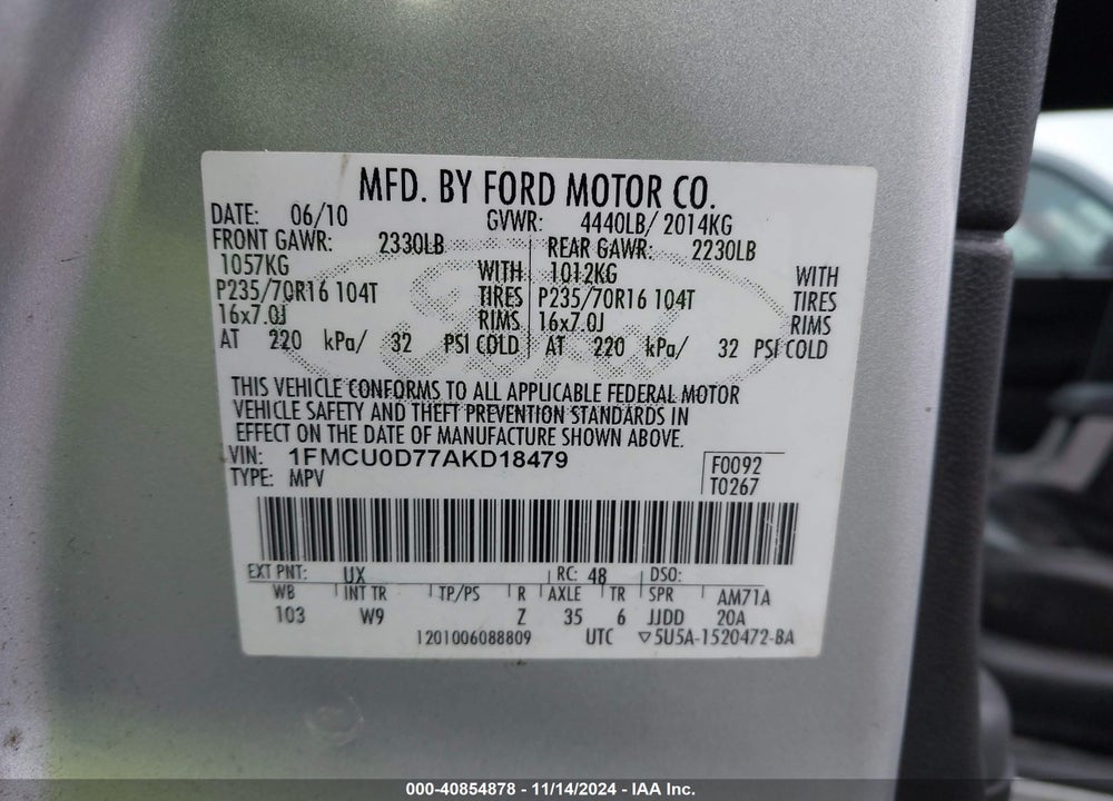 2010 FORD ESCAPE XLT VIN: 1FMCU0D77AKD18479