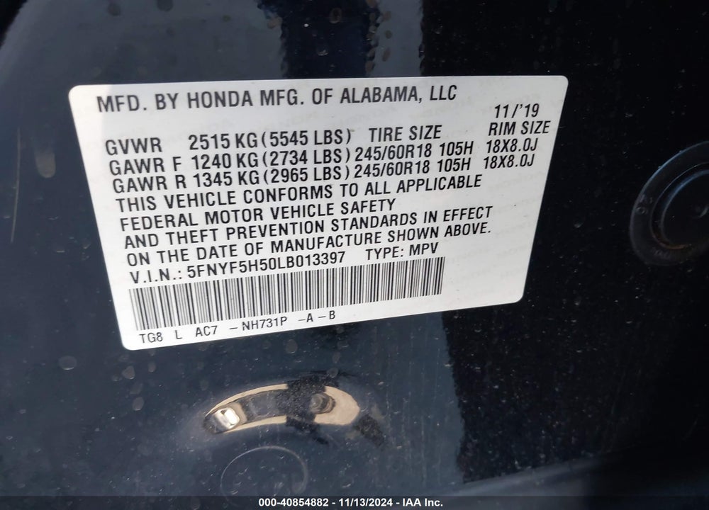 2020 HONDA PILOT 2WD EX-L VIN: 5FNYF5H50LB013397