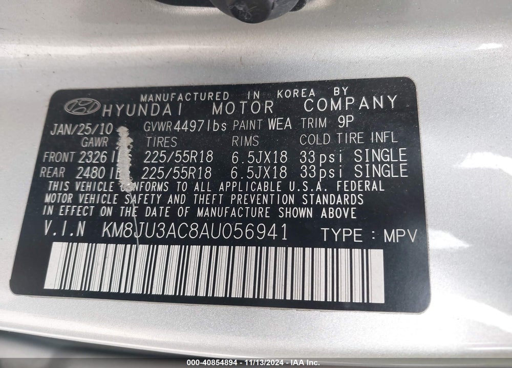 2010 HYUNDAI TUCSON LIMITED VIN: KM8JU3AC8AU056941