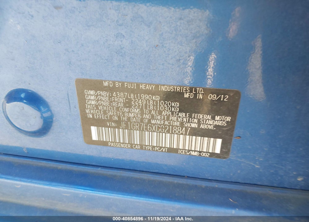 2013 SUBARU IMPREZA WRX PREMIUM VIN: JF1GR7E6XDG218847