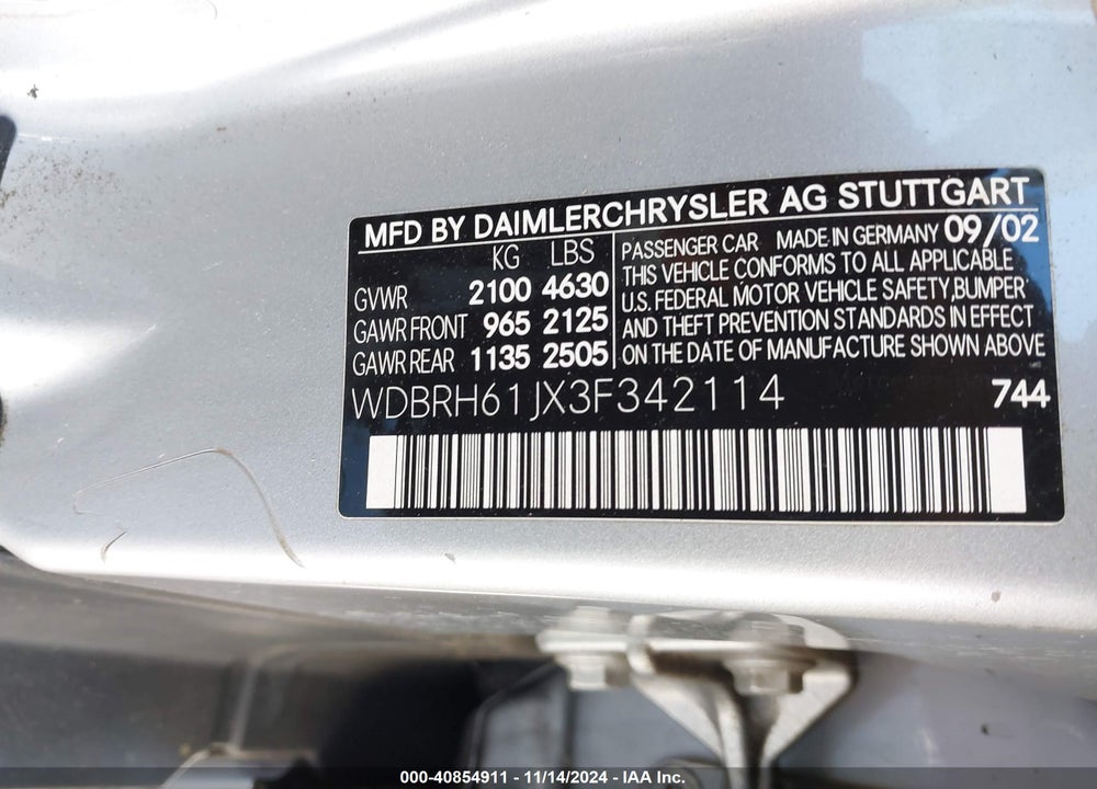 2003 MERCEDES-BENZ C 240 VIN: WDBRH61JX3F342114