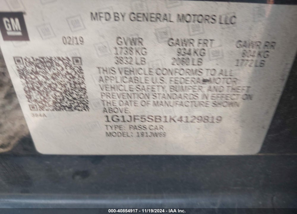 2019 CHEVROLET SONIC PREMIER AUTO VIN: 1G1JF5SB1K4129819