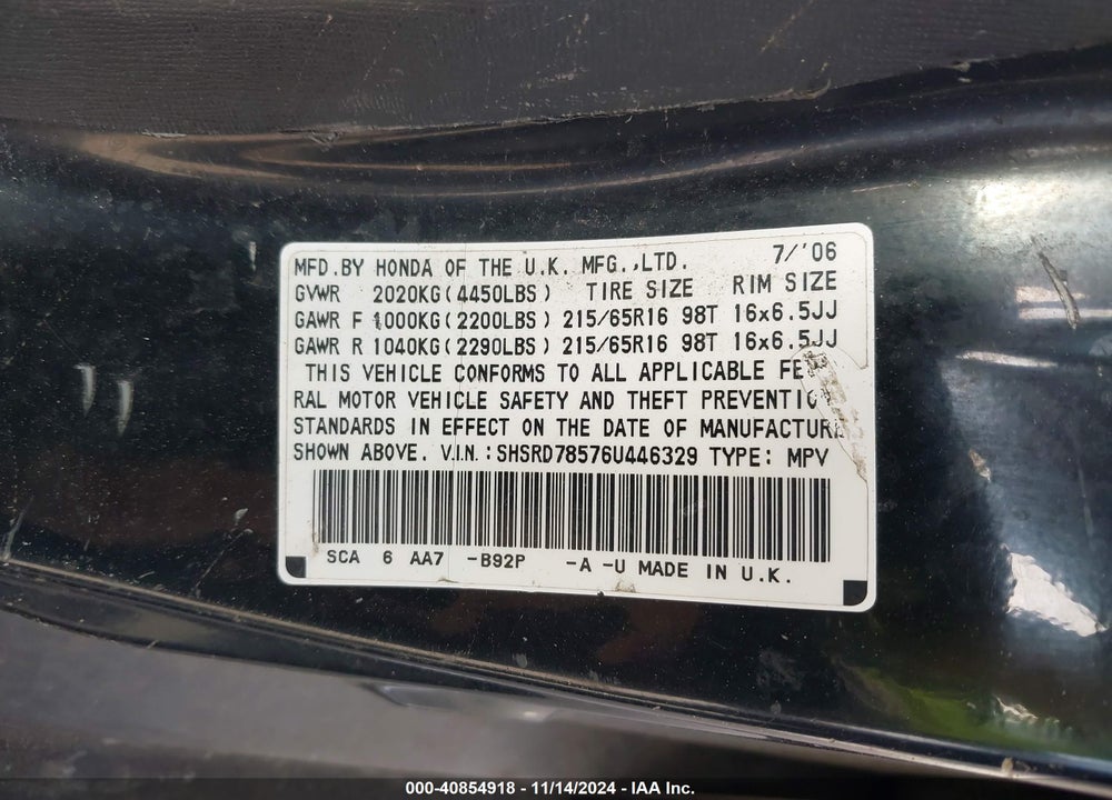 2006 HONDA CR-V LX VIN: SHSRD78576U446329
