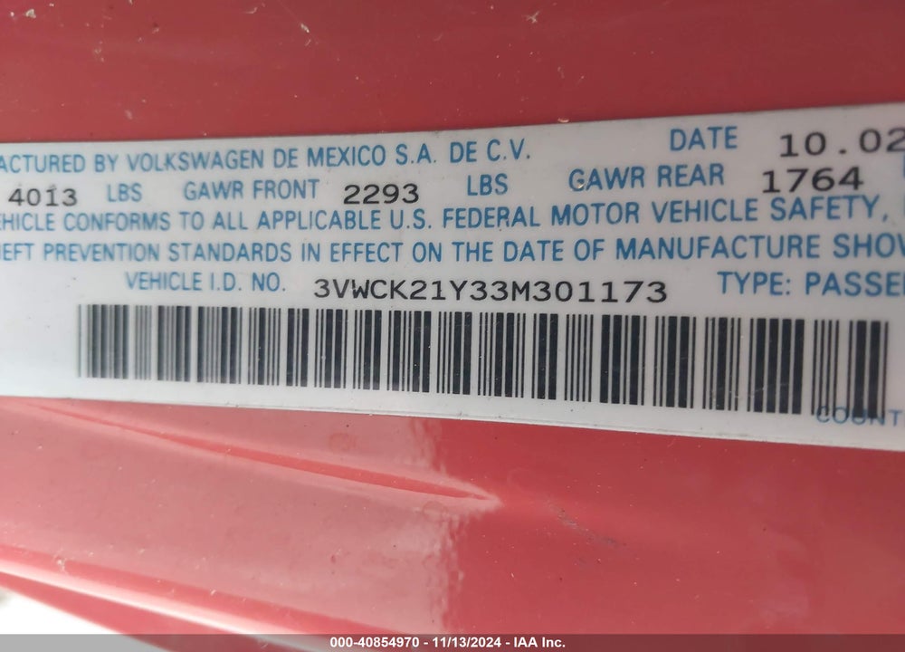 2003 VOLKSWAGEN NEW BEETLE GLS VIN: 3VWCK21Y33M301173