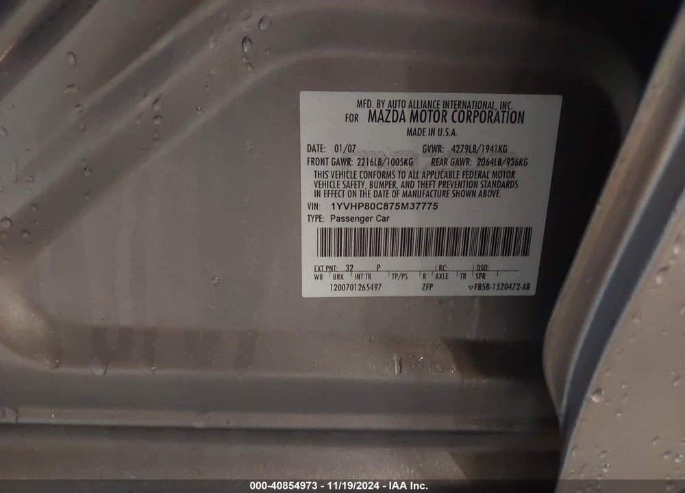 2007 MAZDA 6 I TOURING VIN: 1YVHP80C875M37775