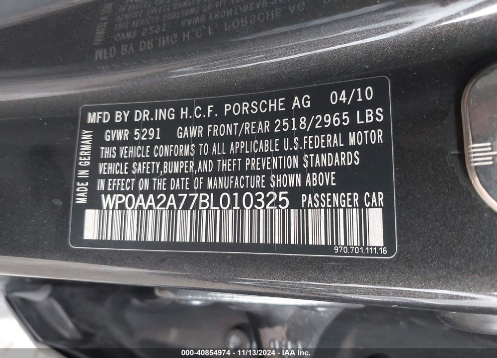 2011 PORSCHE PANAMERA 4 VIN: WP0AA2A77BL010325