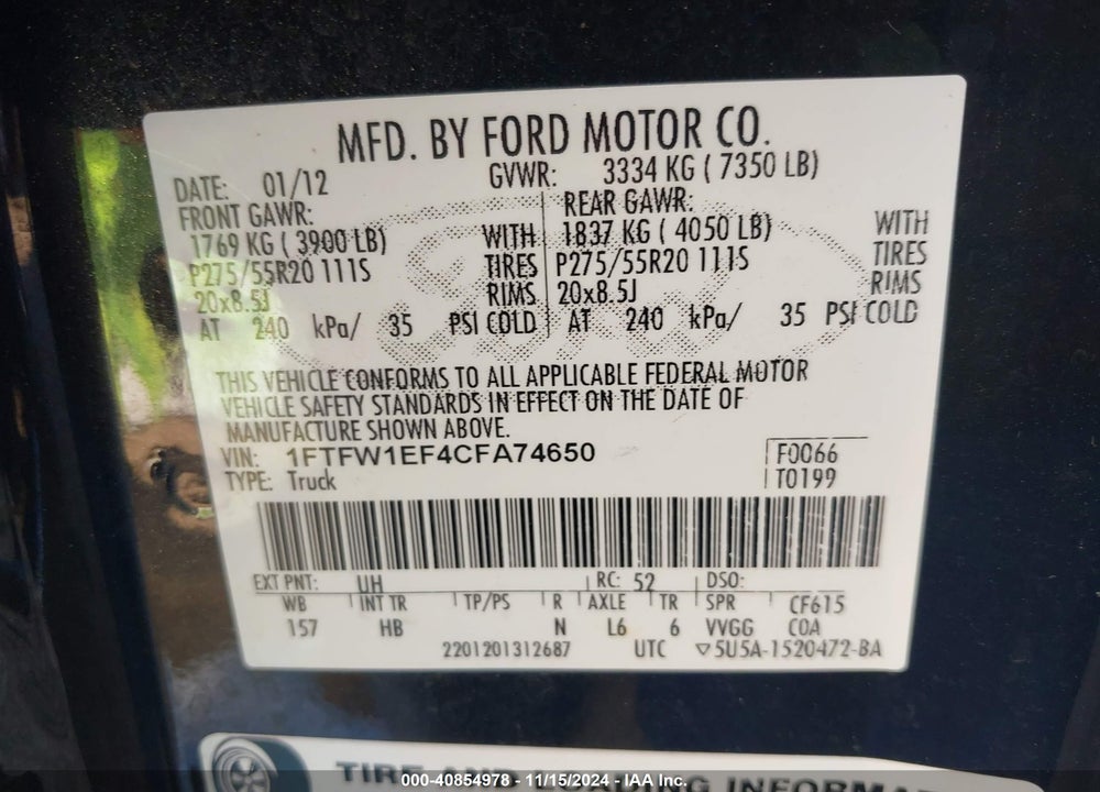2012 FORD F-150 LARIAT VIN: 1FTFW1EF4CFA74650