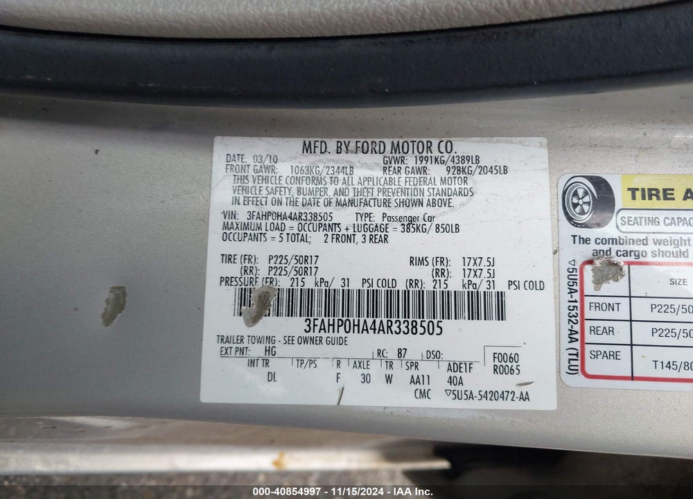 2010 FORD FUSION SE VIN: 3FAHP0HA4AR338505