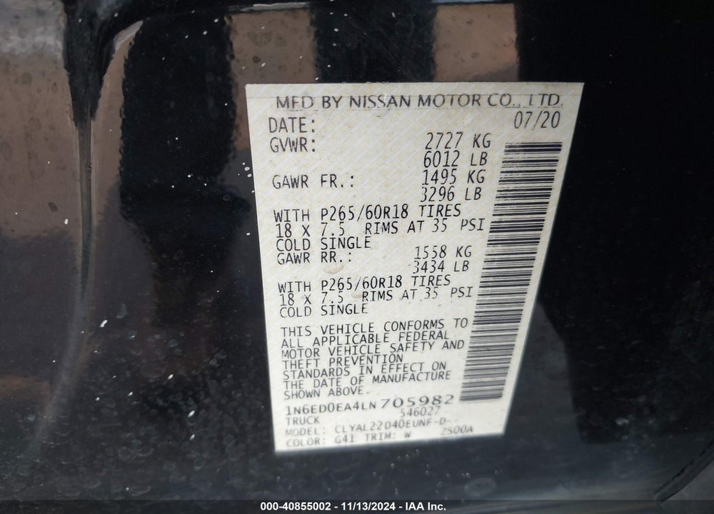 2020 NISSAN FRONTIER SV 4X2 VIN: 1N6ED0EA4LN705982