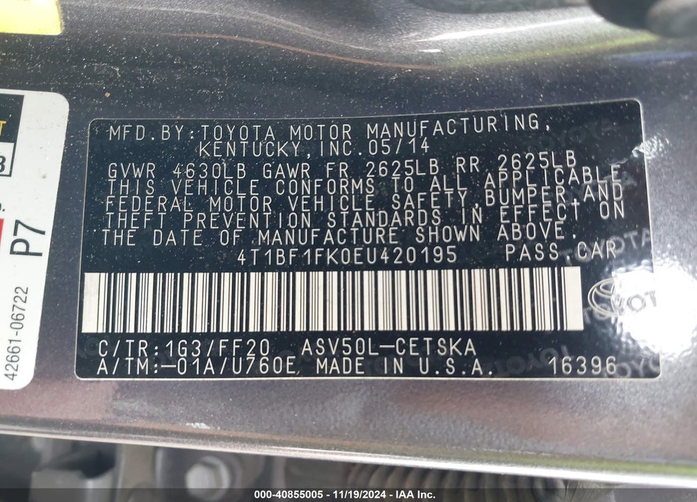 2014 TOYOTA CAMRY SE VIN: 4T1BF1FK0EU420195