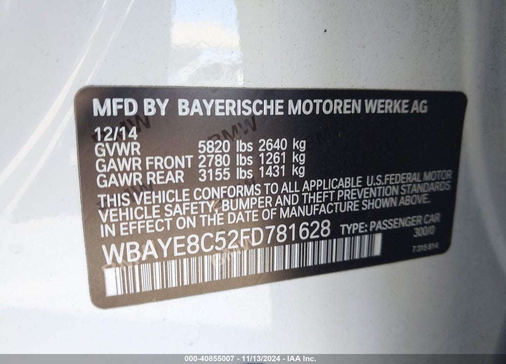 2015 BMW 750LI VIN: WBAYE8C52FD781628