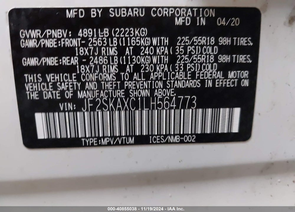 2020 SUBARU FORESTER TOURING VIN: JF2SKAXC1LH564773