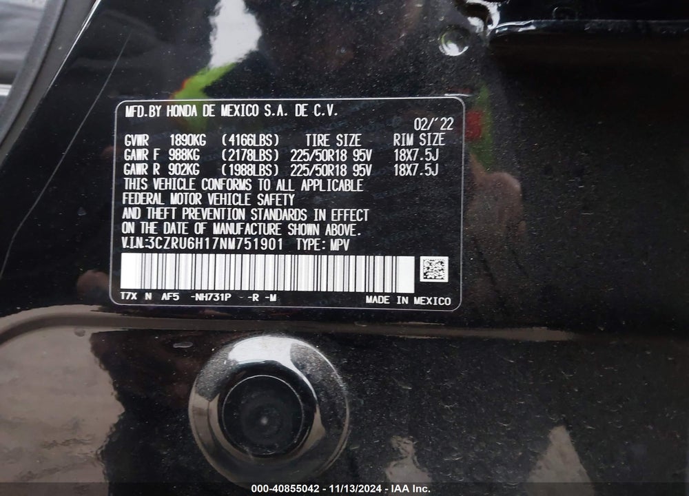 2022 HONDA HR-V AWD SPORT VIN: 3CZRU6H17NM751901
