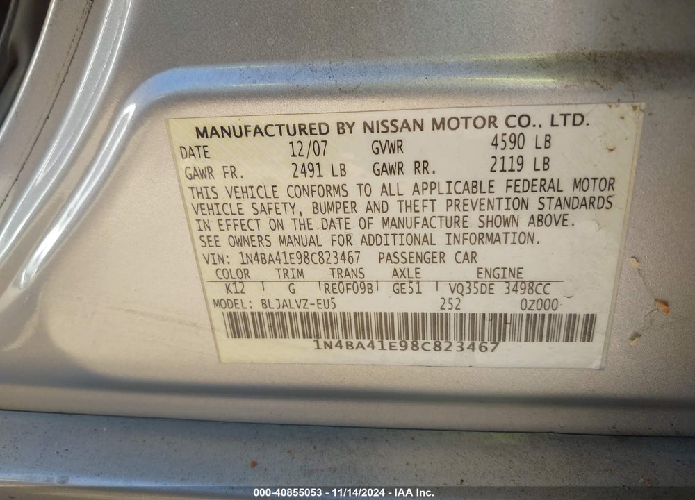 2008 NISSAN MAXIMA 3.5 SE VIN: 1N4BA41E98C823467