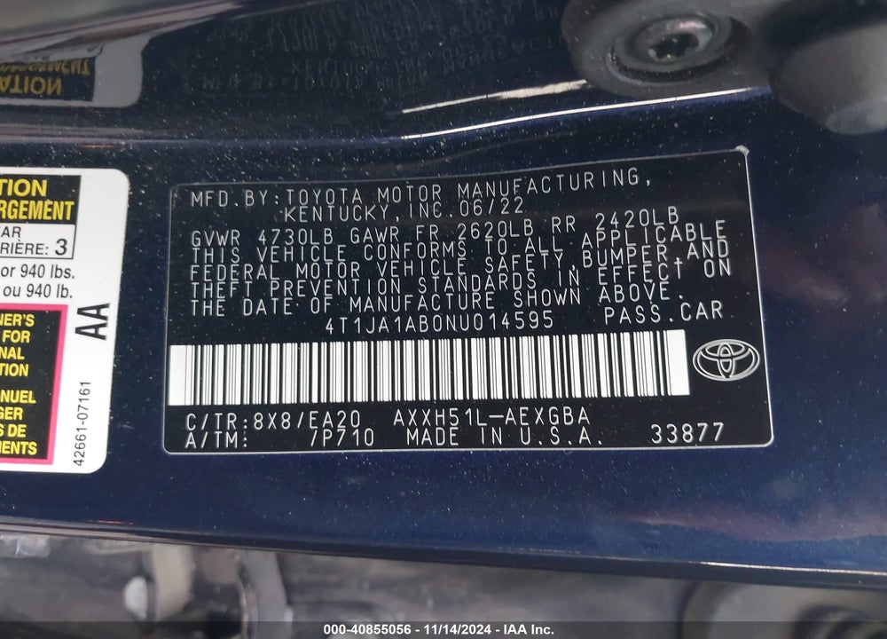 2022 TOYOTA AVALON XLE HYBRID VIN: 4T1JA1AB0NU014595