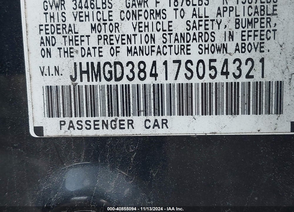 2007 HONDA FIT VIN: JHMGD38417S054321