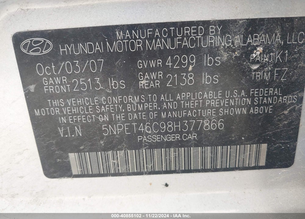 2008 HYUNDAI SONATA GLS VIN: 5NPET46C98H377866