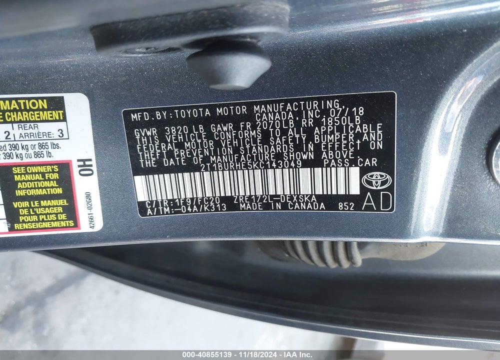 2019 TOYOTA COROLLA SE VIN: 2T1BURHE5KC143049