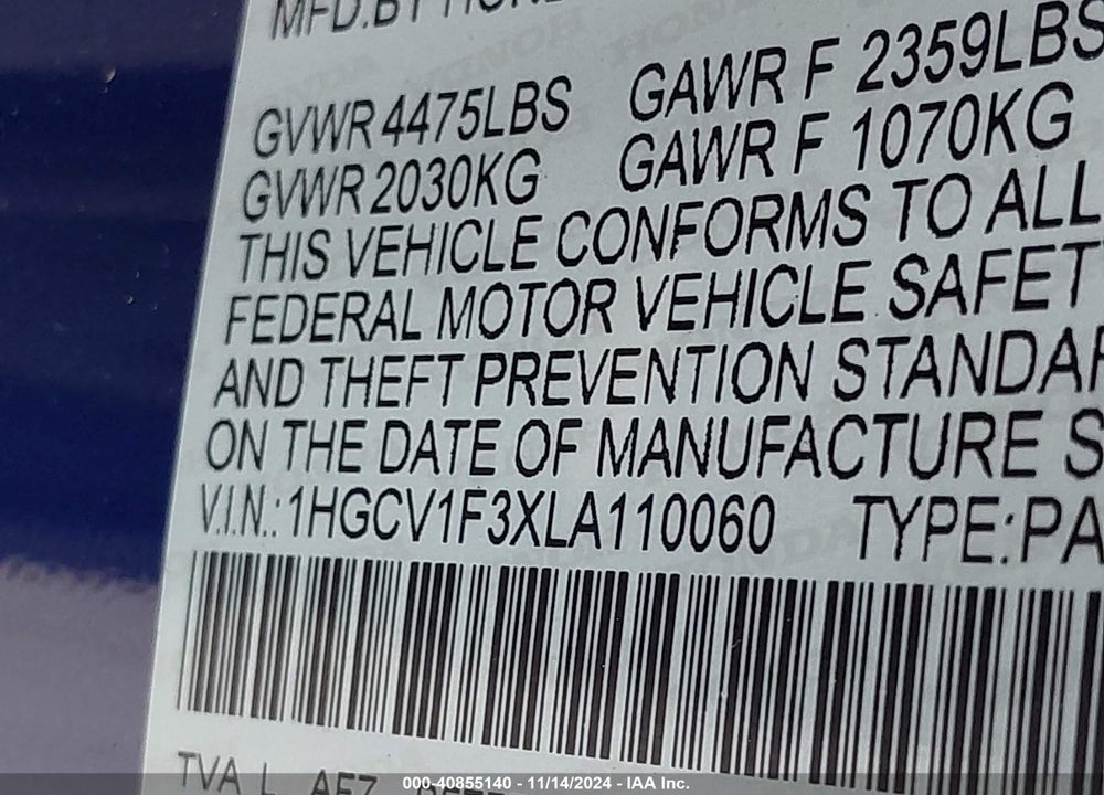 2020 HONDA ACCORD SPORT VIN: 1HGCV1F3XLA110060