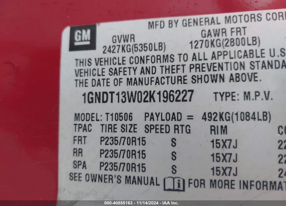 2002 CHEVROLET BLAZER LS VIN: 1GNDT13W02K196227
