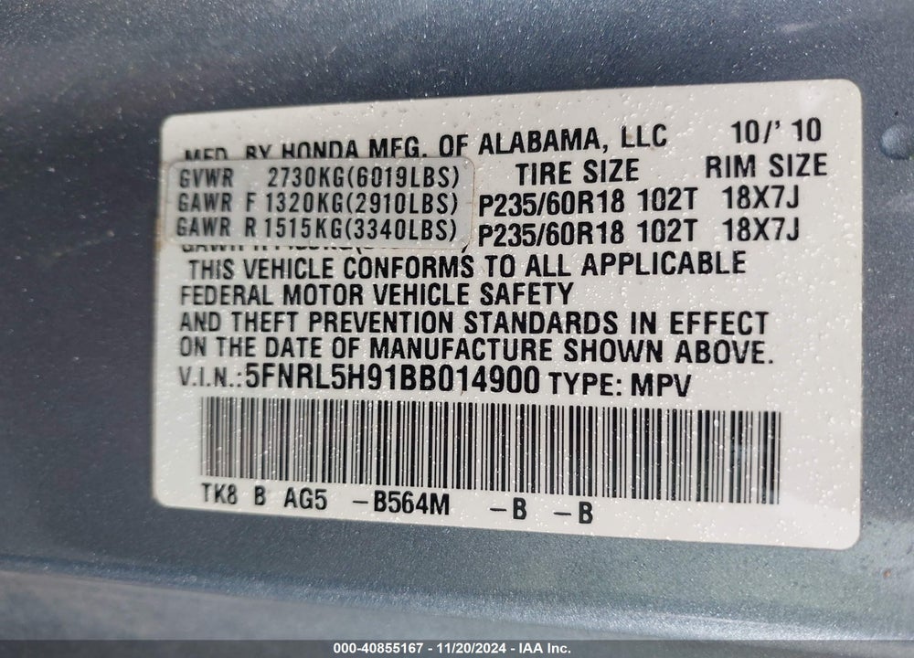 2011 HONDA ODYSSEY TOURING/TOURING ELITE VIN: 5FNRL5H91BB014900
