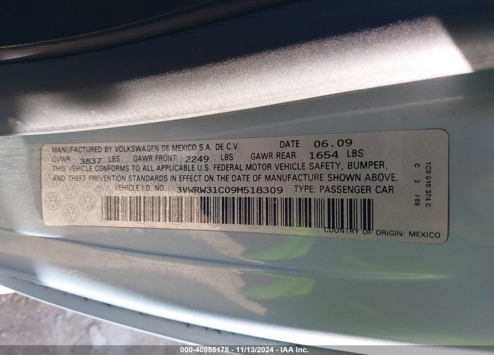 2009 VOLKSWAGEN NEW BEETLE 2.5L VIN: 3VWRW31C09M518309